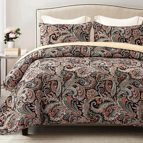 Exclusivo Mezcla Reversible Boho Quilt Set King Size, 3 Pieces Paisley Black All Season Bedspreads, Ultra Soft Floral Coverlet Bedding Set with Printed Pattern (1 Quilt, 2 Pillow Shams)