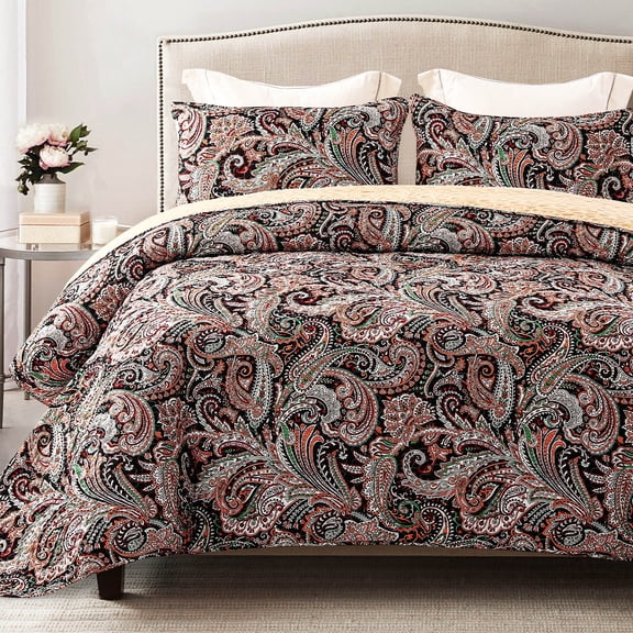 Exclusivo Mezcla Reversible Boho Quilt Set Queen Size, 3 Pieces Paisley Black All Season Bedspreads, Ultra Soft Floral Coverlet Bedding Set with Printed Pattern (1 Quilt, 2 Pillow Shams)