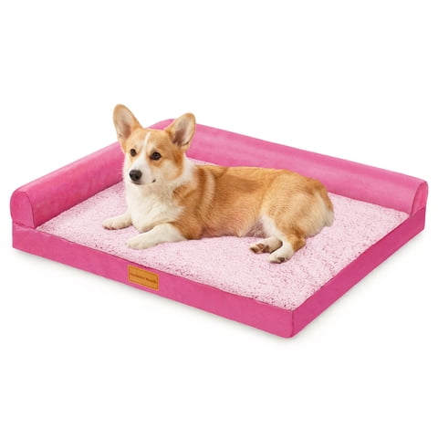 Exclusivo Mezcla L-Shaped Pet Couch Bed with Removable and Washable Cover 30"x20", Orthopedic Dog Bed for Small Dogs with Non-Slip Bottom, Pink
