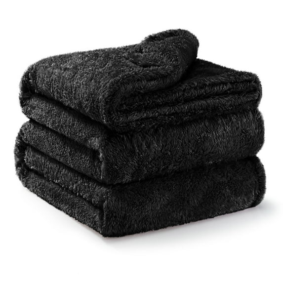 Exclusivo Mezcla Plush Fuzzy Fleece Queen Size Blanket, Super Soft Fluffy and Thick Blankets (Black, 90"x90")