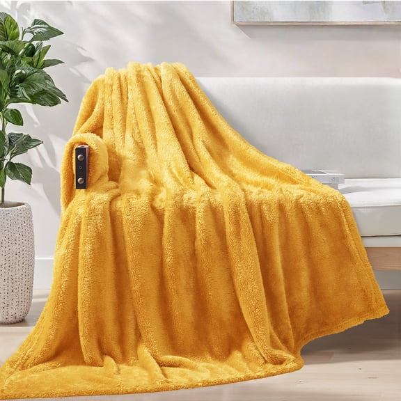 Exclusivo Mezcla Plush Fuzzy Large Fleece Throw Blanket (50" x 70", Mustard Yellow)- Soft, Warm and Lightweight