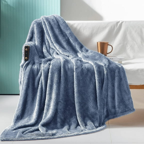 Exclusivo Mezcla Plush Fuzzy Large Fleece Throw Blanket (50" x 70", Stone Blue)- Soft, Warm and Lightweight