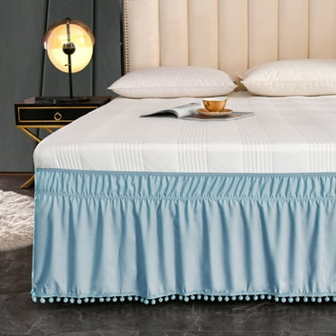 Exclusivo Mezcla Pom Pom Bed Skirt with Adjustable Elastic Belt, Easy Wrap Around Dust Ruffles with 16 Inch Tailored Drop, Wrinkle and Fade Resistant, (Full, Aqua Blue)