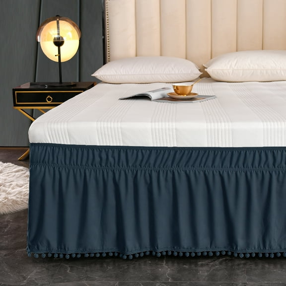 Exclusivo Mezcla Pom Pom Bed Skirt with Adjustable Elastic Belt, Easy Wrap Around Dust Ruffles with 16 Inch Tailored Drop, Wrinkle and Fade Resistant, (Queen, Navy)