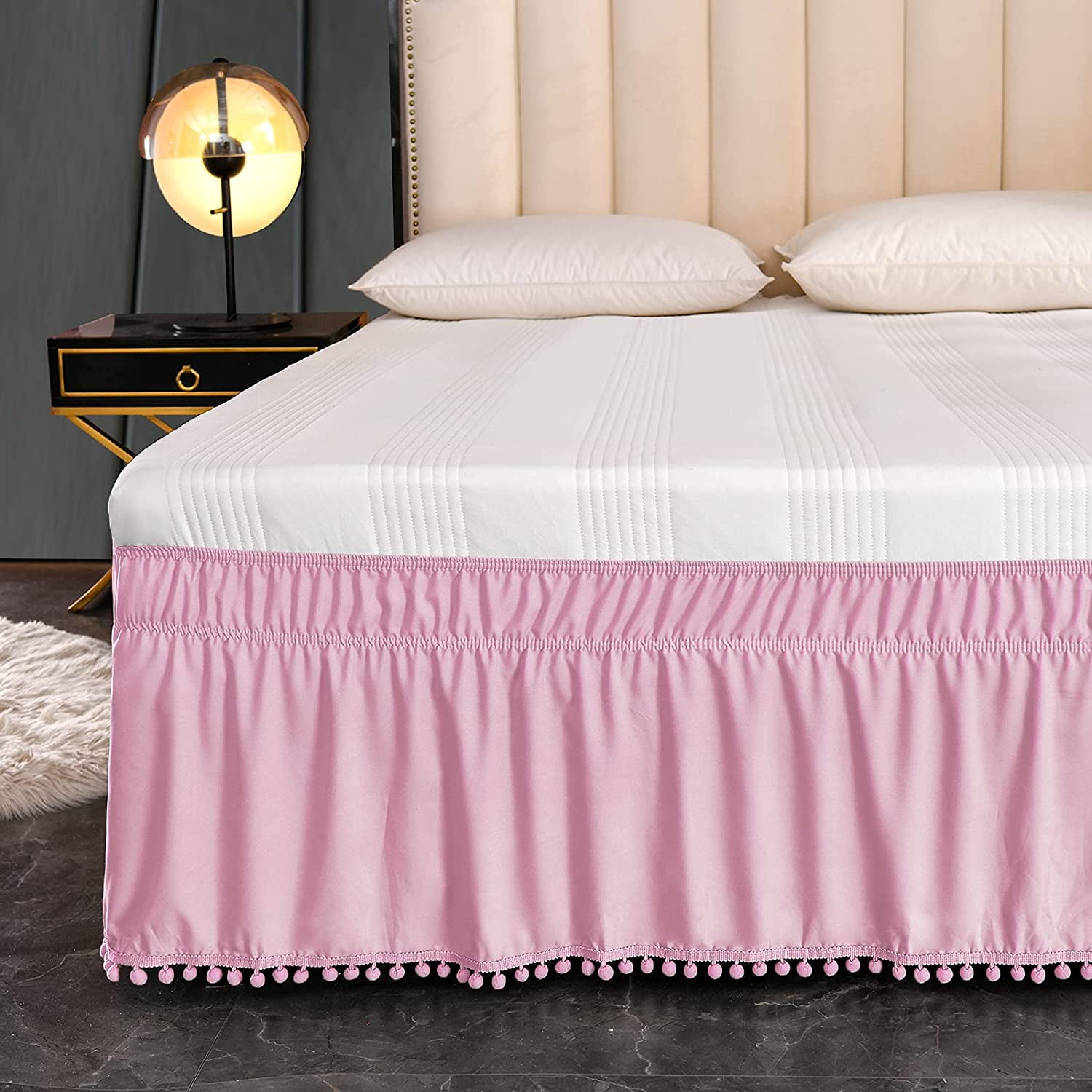 Exclusivo Mezcla Pom Pom Bed Skirt with Adjustable Elastic Belt, Easy