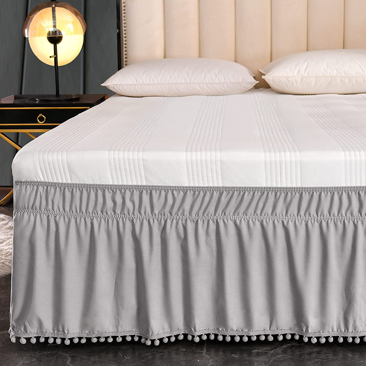 Exclusivo Mezcla Pom Pom Bed Skirt with Adjustable Elastic Belt, Easy