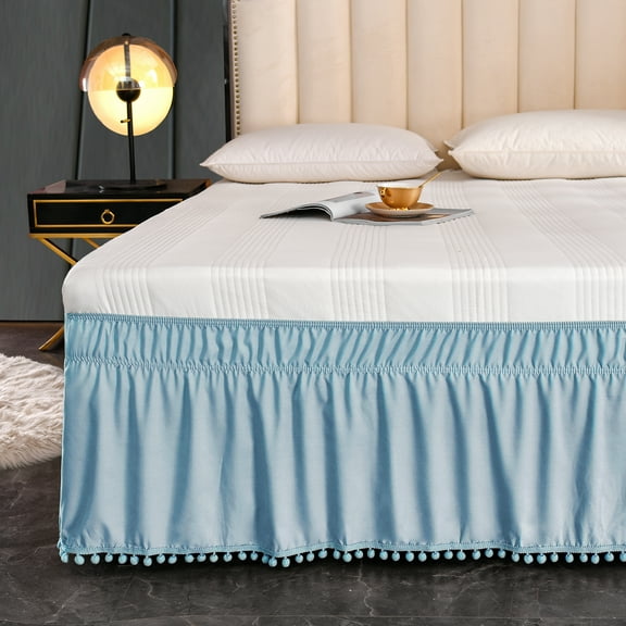 Exclusivo Mezcla Pom Pom Bed Skirt with Adjustable Elastic Belt, Easy Wrap Around Dust Ruffles with 16 Inch Tailored Drop, Wrinkle and Fade Resistant, (Queen, Aqua Blue)
