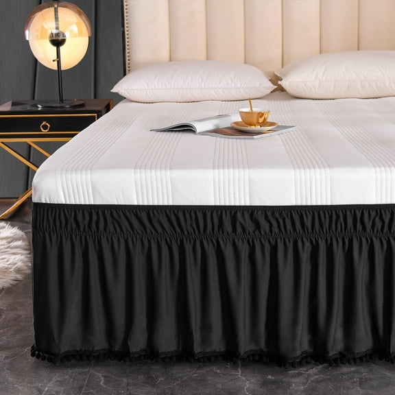 Exclusivo Mezcla Pom Pom Bed Skirt with Adjustable Elastic Belt, Easy Wrap Around Dust Ruffles with 16 Inch Tailored Drop, Wrinkle and Fade Resistant, (Queen, Black)