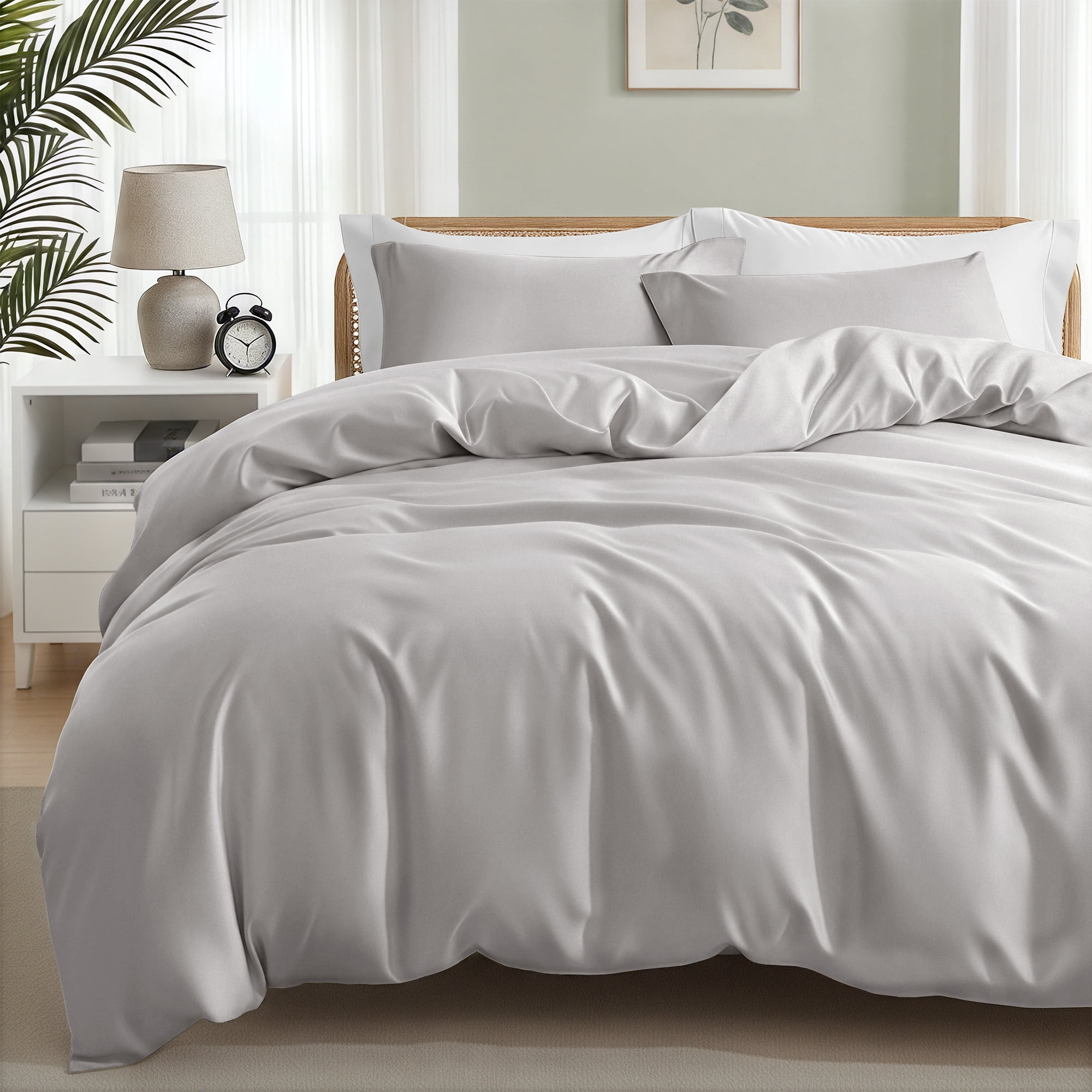 Exclusivo Mezcla Queen Bedding Duvet Cover Set, 3 Pieces Lightweight Comforter Cover with Pillow Shams (Light Grey)