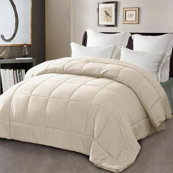 Exclusivo Mezcla Queen Comforter Set Brich Beige, 3-Piece Solid Comforter Duvet Insert with Corner Tabs, Lightweight Bedding Down Alternative Comforter for All Seasons