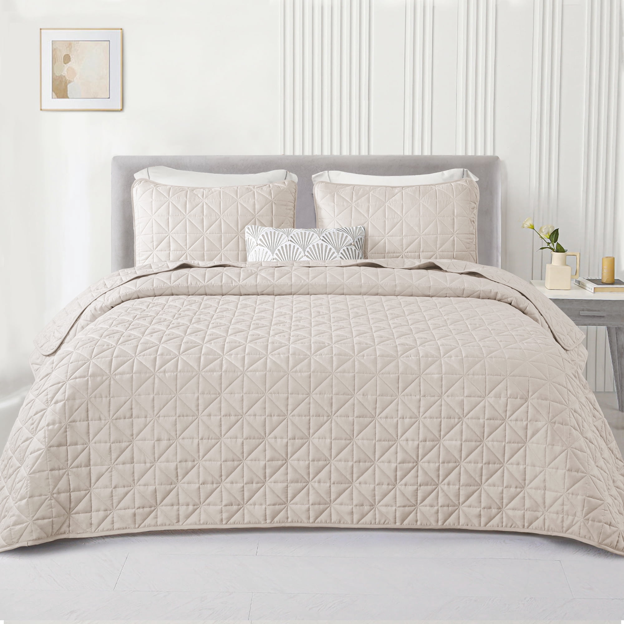 Exclusivo Mezcla Queen Quilt Bedding Set, Lightweight Soft Brich Beige Queen Bedspreads Coverlets with Geometric Stitched Pattern