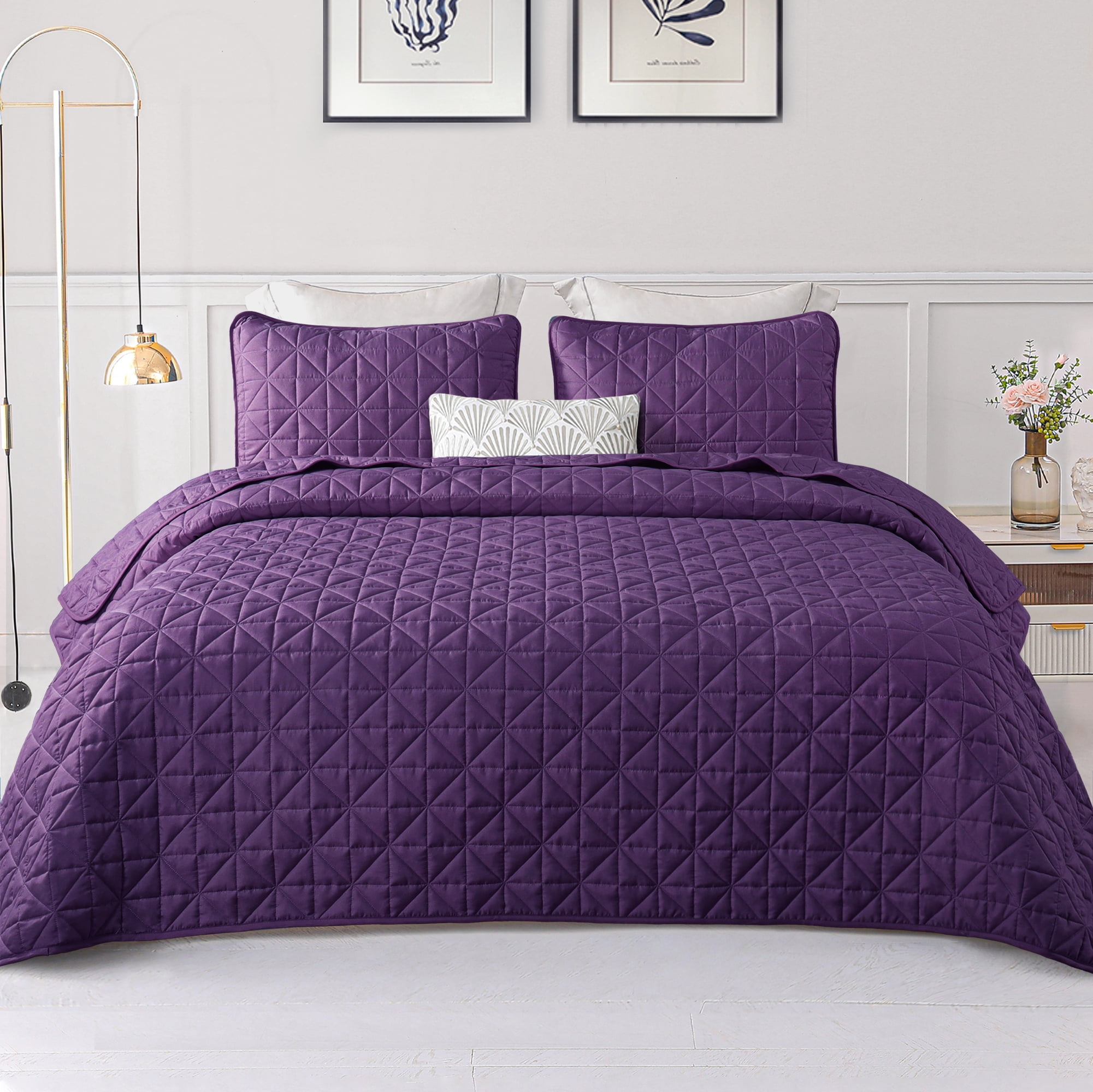 Bed Quilt Set Queen Size Purple - Full - Queen - 3 Piece