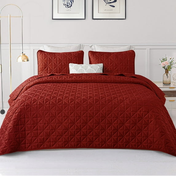 Exclusivo Mezcla Queen Quilt Bedding Set, Lightweight Soft Red Queen Bedspreads Coverlets with Geometric Stitched Pattern