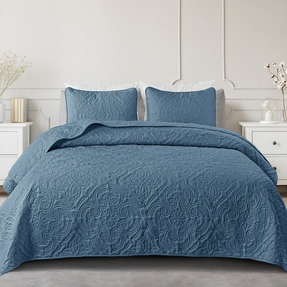 Exclusivo Mezcla Queen Quilt Bedding Set, Lightweight Vintage Queen Size Quilts with Pillow Shams, Soft Bedspreads Coverlets for All Seasons (96"x90", Bluish Grey)