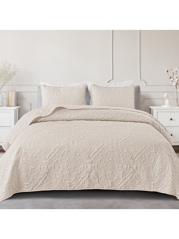 Queen Quilt Bedding Set, Lightweight Vintage Queen Size Quilts with Pillow Shams, Soft Bedspreads Coverlets for All Seasons (96"x90", Brich Beige)