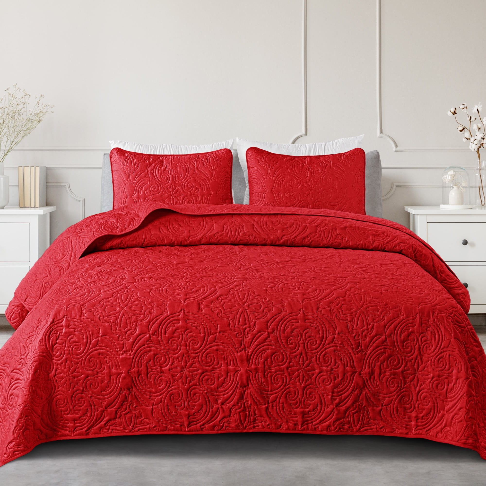 Exclusivo Mezcla Queen Quilt Bedding Set, Lightweight Vintage Queen Size Quilts with Pillow Shams, Soft Bedspreads Coverlets for All Seasons (96"x90", Red)
