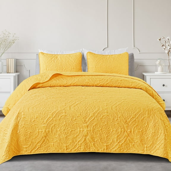 Exclusivo Mezcla Queen Quilt Bedding Set, Lightweight Vintage Queen Size Quilts with Pillow Shams, Soft Bedspreads Coverlets for All Seasons (96"x90", Yellow)
