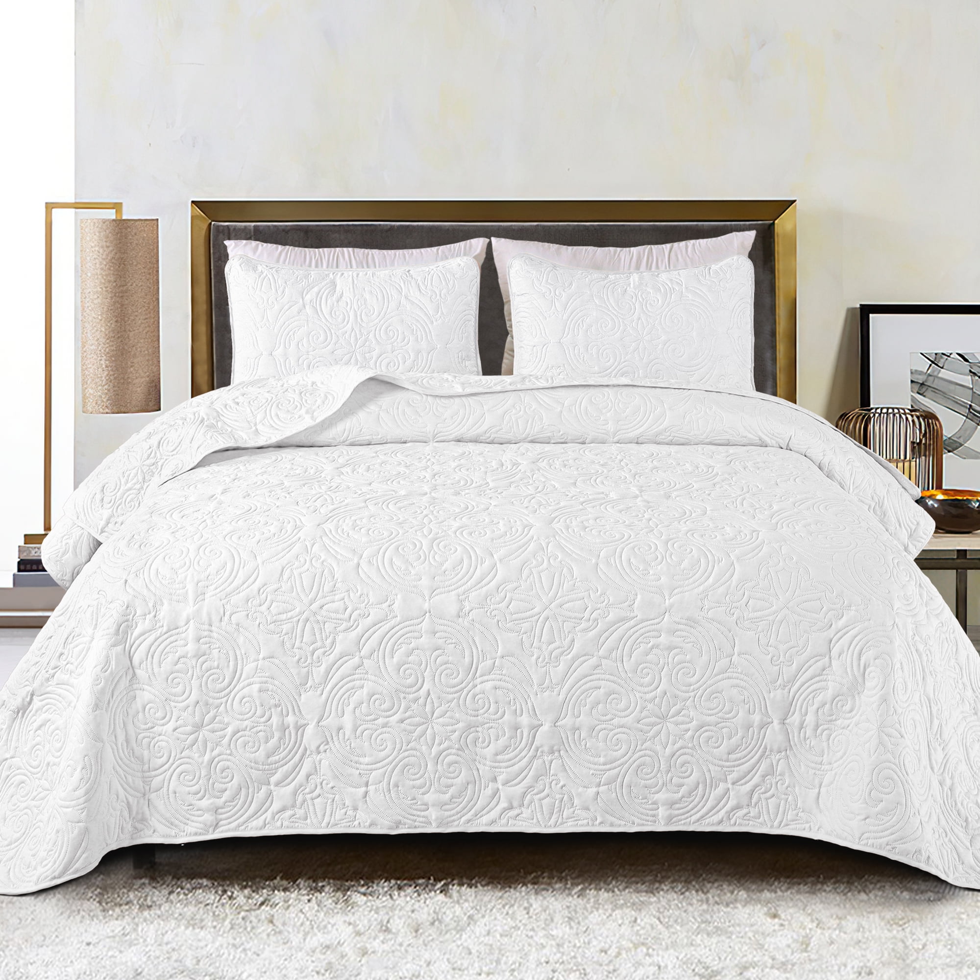 Exclusivo Mezcla Queen Quilt Bedding Set, Lightweight Vintage Queen Size Quilts with Pillow Shams, Soft Bedspreads Coverlets for All Seasons (96"x90", White)