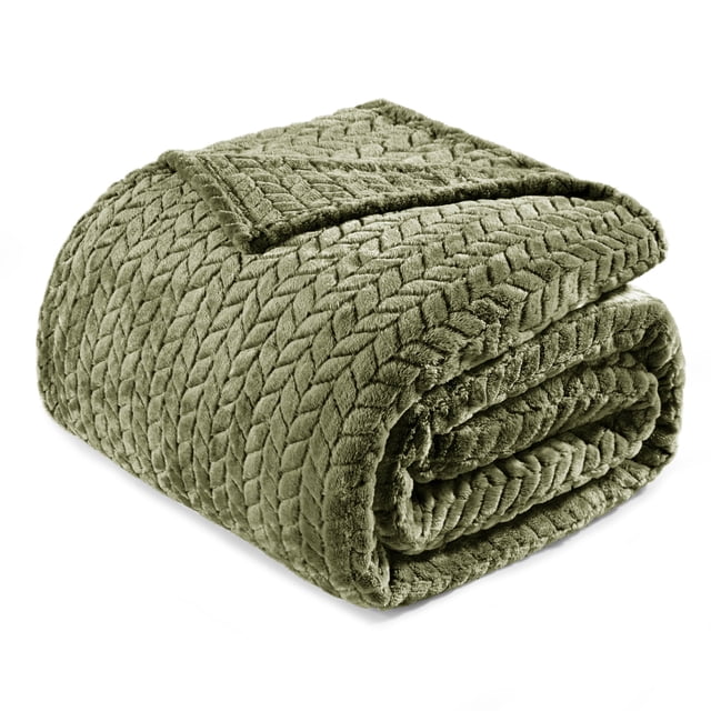 Exclusivo Mezcla Queen Size Flannel Fleece Blanket, 90"x90" Soft Jacquard Weave Leaves Pattern Velvet Plush Bed Blanket, Olive Green