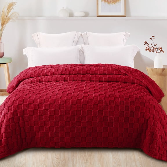 Exclusivo Mezcla Queen Size Flannel Fleece Blanket, Super Soft Warm Lightweight Checkered Pattern Blanket for All Seasons, Deep Red, 90"x90"