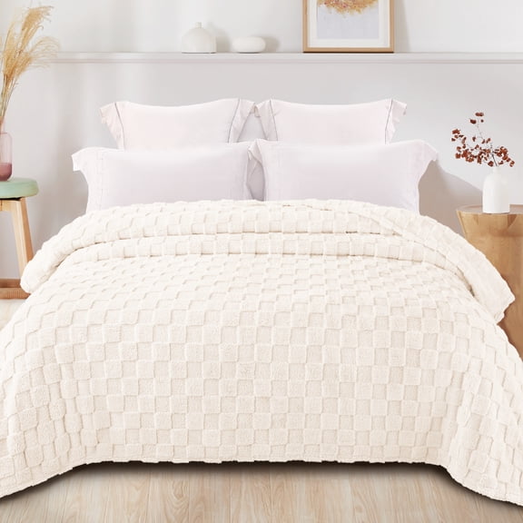 Exclusivo Mezcla Queen Size Flannel Fleece Blanket, Super Soft Warm Lightweight Checkered Pattern Blanket for All Seasons, Ivory, 90"x90"