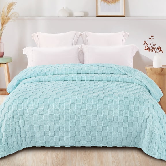 Exclusivo Mezcla Queen Size Flannel Fleece Blanket, Super Soft Warm Lightweight Checkered Pattern Blanket for All Seasons, Light Blue, 90"x90"