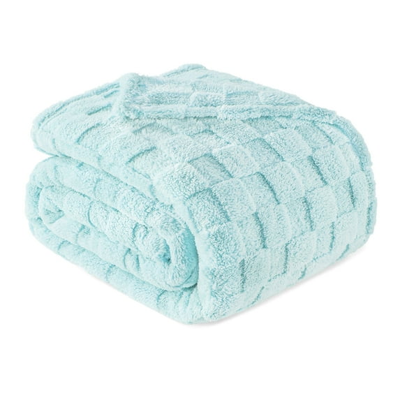 Exclusivo Mezcla Queen Size Flannel Fleece Blanket, Super Soft Warm Lightweight Checkered Pattern Blanket for All Seasons, Light Blue, 90"x90"