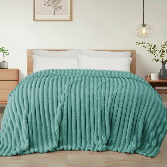 Exclusivo Mezcla Queen Size Flannel Fleece Blanket, Super Soft 3D Striped Jacquard Blanket for Bed, Lightweight Fuzzy Cozy Blankets, Celadon, 90"x90"