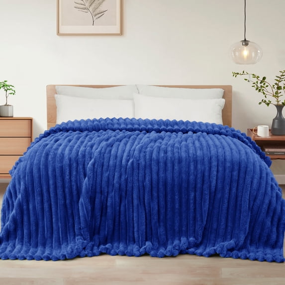 Exclusivo Mezcla Queen Size Flannel Fleece Blanket, Super Soft 3D Striped Jacquard Blanket for Bed, Lightweight Fuzzy Cozy Blankets, Cobalt Blue, 90"x90"