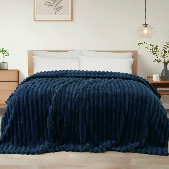 Exclusivo Mezcla Queen Size Flannel Fleece Blanket, Super Soft 3D Striped Jacquard Blanket for Bed, Lightweight Fuzzy Cozy Blankets, Navy Blue, 90"x90"