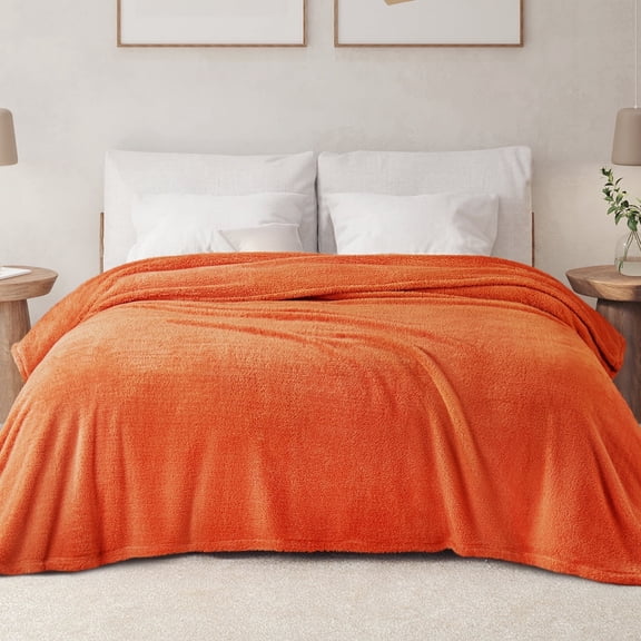 Exclusivo Mezcla Queen Size Flannel Fleece Blanket, Super Soft Velvet Plush Bed Blanket, 90x90 Inches, Burnt Orange