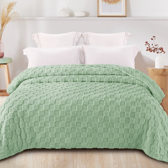 Exclusivo Mezcla Queen Size Flannel Fleece Blanket, Super Soft Warm Lightweight Checkered Pattern Blanket for All Seasons, Sage Green, 90"x90"
