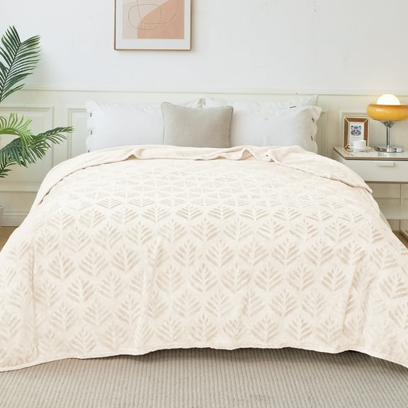 Exclusivo Mezcla Queen Size Fleece Blanket for Bed, Leaves Pattern Super Soft and Cozy Blankets, Plush Fuzzy Lightweight, Ivory, 90"x90"