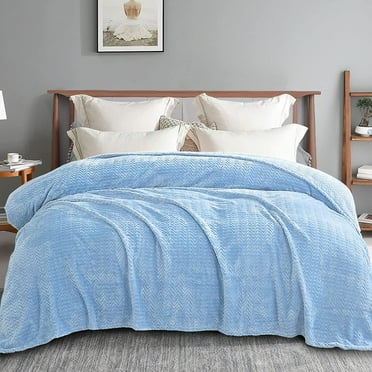 Exclusivo Mezcla Queen Size Jacquard Weave Wave Pattern Flannel Fleece Velvet Plush Bed Blanket as Bedspread/Coverlet/Bed Cover (90" x 90", Light Blue)