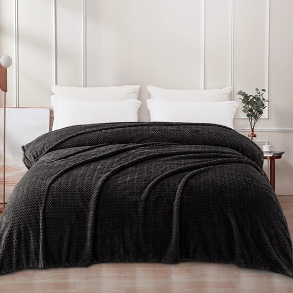 Exclusivo Mezcla Queen Size Jacquard Weave Wave Pattern Flannel Fleece Velvet Plush Bed Blanket as Bedspread/Coverlet/Bed Cover (90" x 90", Black)