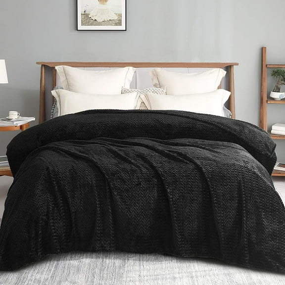 Exclusivo Mezcla Queen Size Jacquard Weave Wave Pattern Flannel Fleece Velvet Plush Bed Blanket as Bedspread/Coverlet/Bed Cover (90" x 90", Black)