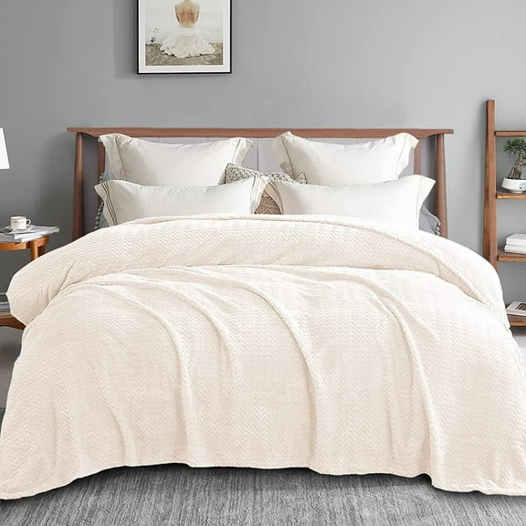 Exclusivo Mezcla Queen Size Jacquard Weave Wave Pattern Flannel Fleece Velvet Plush Bed Blanket as Bedspread/Coverlet/Bed Cover (90" x 90", Ivory)