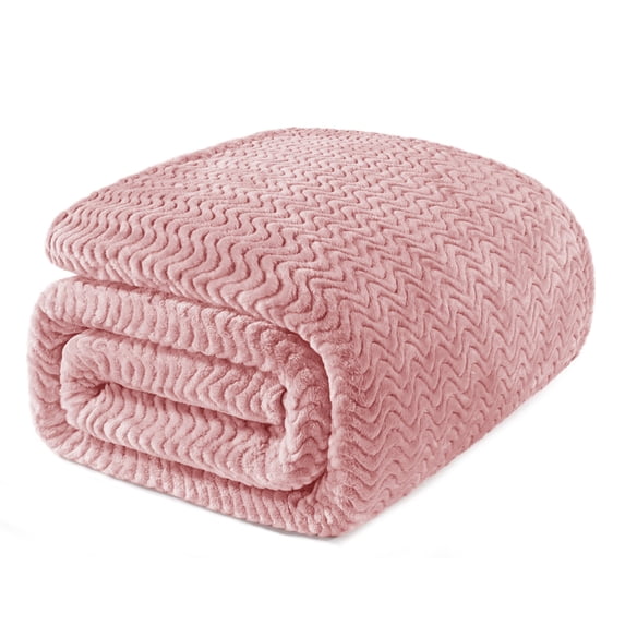 Exclusivo Mezcla Queen Size Jacquard Weave Wave Pattern Flannel Fleece Velvet Plush Bed Blanket as Bedspread/Coverlet/Bed Cover (90" x 90", Pink)