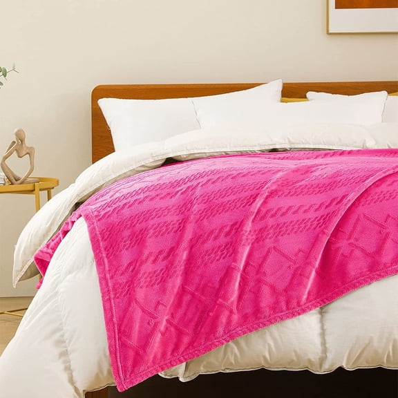 Exclusivo Mezcla Queen Size Soft Bed Blanket, Warm Fuzzy Luxury Bed Blankets, Decorative Geometry Pattern Plush Throw Blanket for Bed, 90"x90", Hot Pink