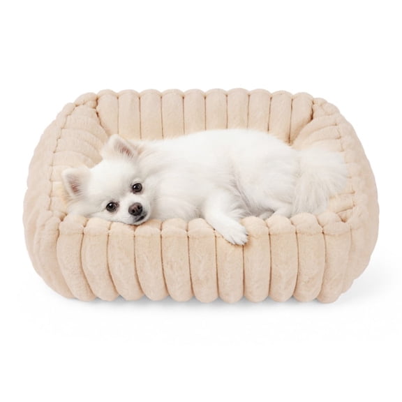 Exclusivo Mezcla Ribbed Plush Cuddler Dog Bed, 20"×16" Calming Pet Bed with Non-Slip Bottom for Small Dogs, Apricot
