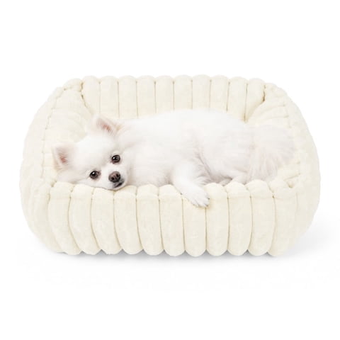 Exclusivo Mezcla Ribbed Plush Cuddler Dog Bed, 20"x16" Calming Pet Bed with Non-Slip Bottom for Small Dogs, Ivory