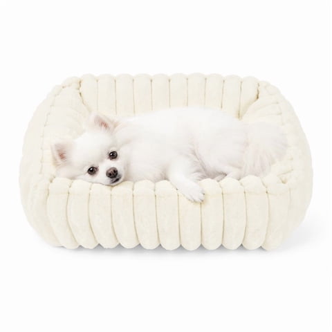 Exclusivo Mezcla Ribbed Plush Cuddler Dog Bed, 20"x16" Calming Pet Bed with Non-Slip Bottom for Small Dogs, Ivory