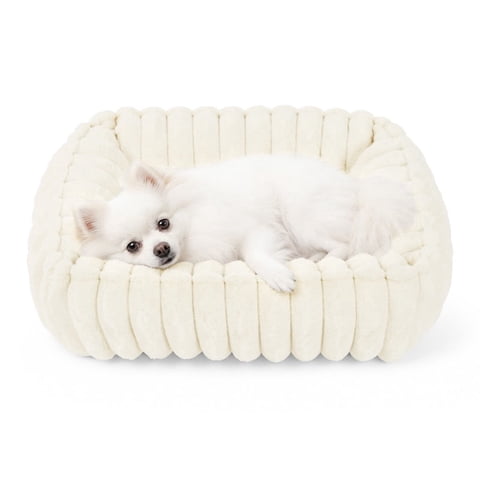 Exclusivo Mezcla Ribbed Plush Cuddler Dog Bed, 20"×16" Calming Pet Bed with Non-Slip Bottom for Small Dogs, Ivory