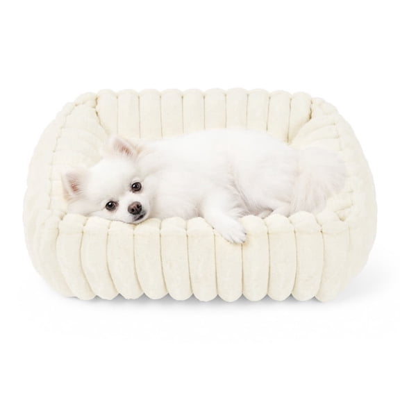 Exclusivo Mezcla Ribbed Plush Cuddler Dog Bed, 20"×16" Calming Pet Bed with Non-Slip Bottom for Small Dogs, Ivory