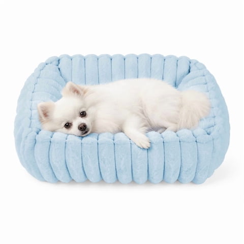 Exclusivo Mezcla Ribbed Plush Cuddler Dog Bed, 20"x16" Calming Pet Bed with Non-Slip Bottom for Small Dogs, Blue