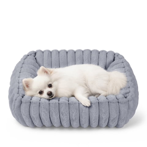 Exclusivo Mezcla Ribbed Plush Cuddler Dog Bed, 20"×16" Calming Pet Bed with Non-Slip Bottom for Small Dogs, Light Grey