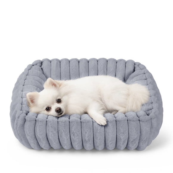 Exclusivo Mezcla Ribbed Plush Cuddler Dog Bed, 20"×16" Calming Pet Bed with Non-Slip Bottom for Small Dogs, Light Grey