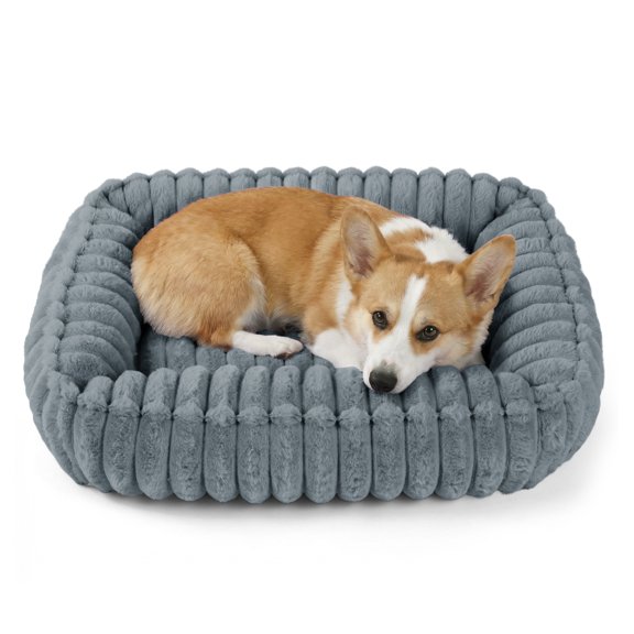 Exclusivo Mezcla Ribbed Plush Cuddler Dog Bed, 24"x20" Calming Pet Bed with Non-Slip Bottom for Medium Dogs, Machine Washable, Dark Grey