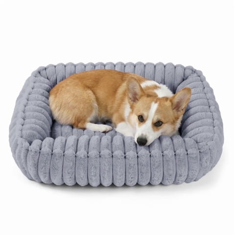 Exclusivo Mezcla Ribbed Plush Cuddler Dog Bed, 24"×20" Calming Pet Bed with Non-Slip Bottom for Medium Dogs, Light Grey