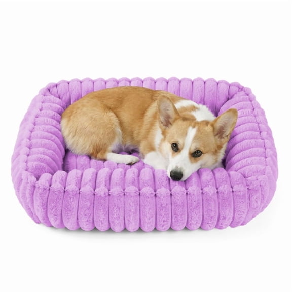 Exclusivo Mezcla Ribbed Plush Cuddler Dog Bed, 24"x20" Calming Pet Bed with Non-Slip Bottom for Small Dogs, Purple